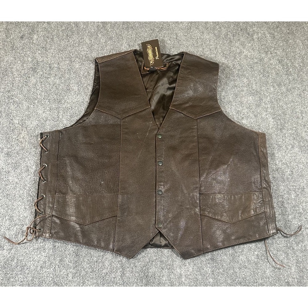 Unik Premium Mens Brown Leather Vest Sz 54 Motorcycle NWT